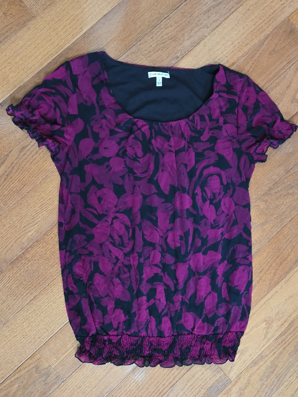 Croft&Barrow Black and Purple Floral Short-Sleeve Scoop Top